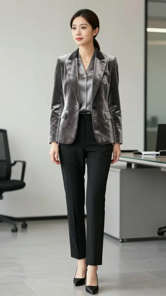 A polished professional woman stands in a modern, well-lit office setting, wearing a luxe neutral velvet blazer in a muted charcoal tone over a simple silky blouse and tailored black trousers. She pairs with classic black pumps and keeps jewelry minimal, none chunky, letting the velvet texture take center stage. Her hair is styled in a sleek bun or low ponytail, and she exudes confident, composed poise as she looks slightly off-camera with a soft, approachable expression. The background features clean lines, a neutral color palette, and soft natural light, with a subtle hint of a glass desk and organized workspace to convey a sophisticated, luxe office environment. No text on the image.