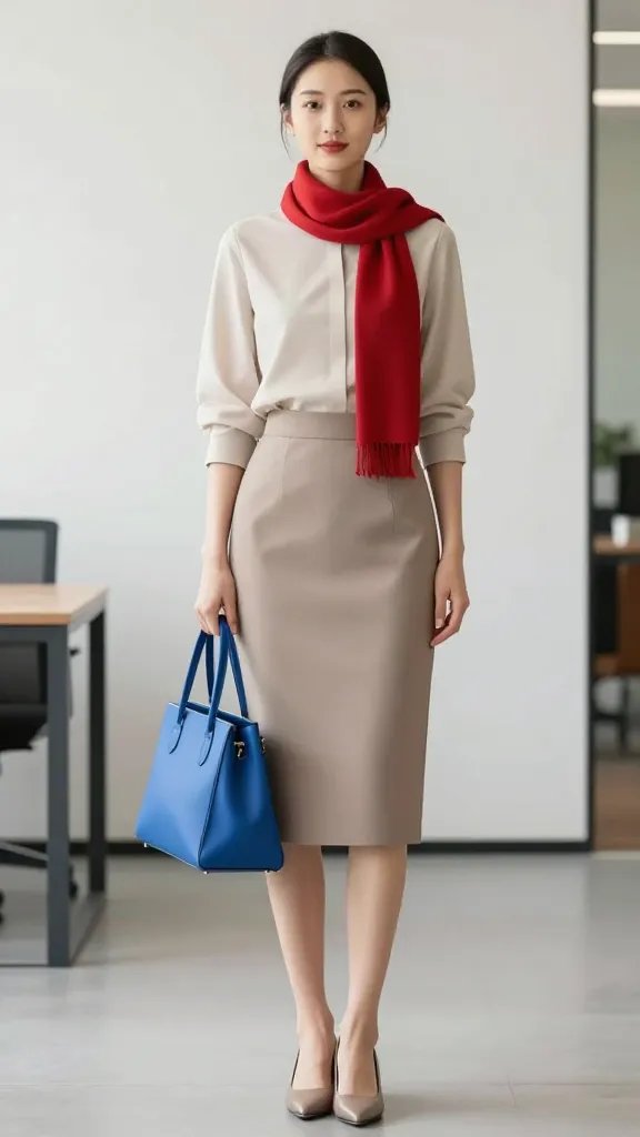 A polished, full-body portrait of a professional woman standing in a light, modern office environment with soft natural lighting. She wears a sleek, neutral-toned dress or coordinated separates (e.g., taupe midi dress or cream blouse with tailored beige trousers) in muted neutrals, clean lines, and minimal texture. The focal point is a single bold accessory: a vivid red scarf draped casually around the neck or a bright electric-blue handbag held at the side or looped over the arm, styled to be the star of the outfit. Shoes are matching neutral tones with a streamlined silhouette (nude pumps or taupe loafers). Hair is neat and understated (low bun or straight, smooth blowout), makeup is clean and natural with a subtle pop of color on the lips that does not compete with the accessory. The background remains streamlined and uncluttered with soft, neutral tones to keep the emphasis on the ensemble and the bold accessory. The overall mood is sophisticated, effortless, and appropriate for a creative industry meeting. No text on the image.
