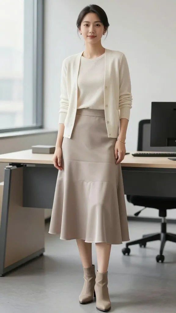 A high-resolution, editorial-style photograph of a confident female professional in a layered midi skirt look for a modern office setting. The ensemble features a two-neutral layered midi skirt (one layer in soft satin-like texture, the other in matte knit), paired with a simple solid knit top and a structured cardigan or blazer in a complementary neutral tone. The textures are clearly distinct: the knit top has a subtle weave, the skirt layers include a delicate satin sheen and a matte fabric, and the cardigan or blazer adds tailored structure. The model stands in a bright, contemporary workspace with natural light streaming through large windows, a clean desk with a minimal aesthetic, and soft, neutral decor in the background. Accessories are understated: small stud earrings, a slender bracelet, and neutral ankle boots with a slight heel. The pose is poised and approachable, one hand resting lightly on the hip and the other relaxed by the side, exuding polished professionalism with a touch of artsy edge. The color palette is cohesive&mdash;creamy ivory, taupe, and soft charcoal&mdash;emphasizing texture without overpowering the silhouette. The lighting is soft and flattering, with gentle shadows to highlight the layered fabric, and the image composition centers the model at mid-length, capturing the full outfit from head to toe. No text within the image.