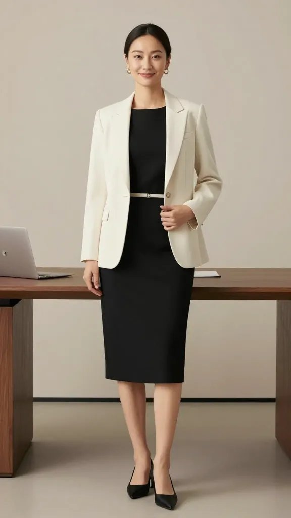 Create a high-resolution, studio-photo style image of a professional woman modeling a minimalist, monochrome office look titled "Minimalist Monarchy: Black and Natural Harmony." The subject stands in a clean, softly lit modern office environment with neutral tones and smooth textures. Outfit: a tailored black A-line dress or black trousers paired with a cream or camel blazer; add a neutral belt to define the waist and black pointed-toe shoes. Accessories are minimal: simple gold or silver hoop earrings. The palette should be black, cream, camel, and natural leather tones, with textures kept smooth and matte to avoid heaviness. Pose: confident, poised, with a subtle smile; stance is relaxed yet polished, one hand resting lightly on the blazer lapel or at the waist, the other relaxed by the side. Lighting: even, flattering key light with gentle fill to emphasize clean lines and silhouette, no harsh shadows. Background: uncluttered workspace or wall behind with soft, warm neutrals; no visible text or branding. The overall mood is timeless, adaptable, and empowering for a professional workday setting.
