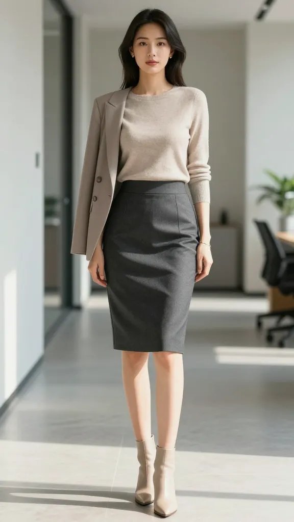A high-resolution, editorial-style photo of a poised woman standing in a sunlit, minimalist office corridor. She wears a neutral-toned outfit featuring a soft beige knit top tucked into a tailored charcoal pencil skirt, with a crisp pressed crease. She pairs the ensemble with sleek beige ankle boots with a slightly pointed toe, minimal jewelry (small gold studs and a delicate bracelet), and a structured blazer draped over one shoulder. The look is polished with clean lines, a tidy silhouette, and a subtle glow from natural lighting. The background is modern and uncluttered, with neutral tones and soft shadows to emphasize the confidence and sophistication of the subject. No text on the image.