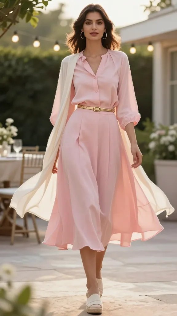 A high-resolution fashion editorial portrait of a stylish woman in a soft-pink poplin set, standing in a sunlit garden patio during golden hour. She wears a powder pink poplin blouse with a matching midi skirt, a slim gold-toned belt cinching the waist, and cream espadrille wedges. Minimal gold hoop earrings add a subtle sparkle, with a light cream cardigan casually draped over her shoulders. The breeze slightly lifts the hem of the skirt and cardigan for natural movement. The scene includes delicate greenery, soft bokeh lights from string lanterns, and a muted, elegant backdrop suggesting a garden wedding or rooftop retreat. The overall tone is refined, expensive-looking, and timeless, with a clean, soft color palette and lifelike detail in fabric texture, jewelry gleam, and natural lighting. No text on image.