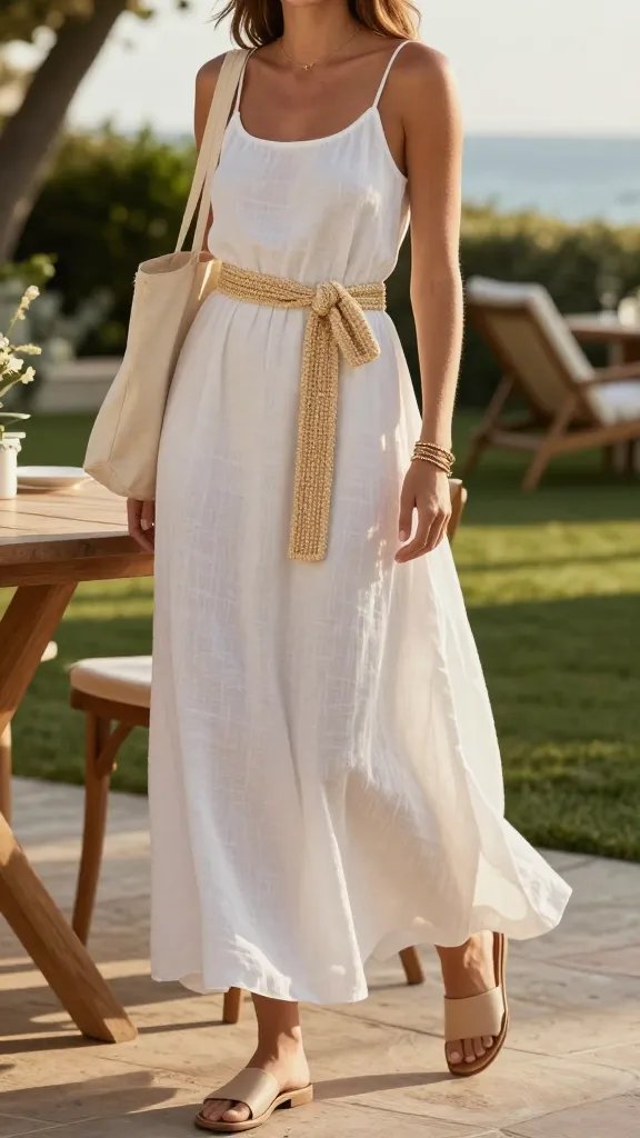 A sunlit, coastal garden party setting with a tall, poised woman wearing a white linen maxi dress that falls to her ankles, accentuated by a natural straw belt tied at the waist. She stands near a light wooden table with a canvas tote casually slung over one shoulder and a delicate gold bracelet stack on her wrist. The outfit is completed with neutral leather slide sandals. The scene captures airy, elegant movement as a gentle breeze lifts the dress slightly, with soft, golden-hour lighting casting warm highlights and gentle shadows. The background features blurred greenery, a hint of a blue sea in the distance, and a few chic lounge chairs, evoking a refined summer resort vibe. The overall aesthetic is effortlessly chic, with the straw belt acting as the focal point and minimal jewelry ensuring the look remains clean and polished. No text in the image.