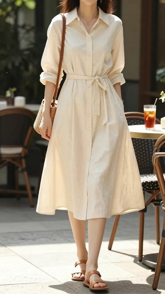 A sunlit outdoor brunch setting with a fashionable, poised woman wearing a cream button-front shirt dress that falls just below the knees, tie-waist cinched softly to create subtle shape, optional thin belt for structure. She pairs tan leather sandals, a wicker crossbody bag resting at hip height, and a delicate pendant necklace. The dress buttons down the front, and the fabric catches warm midday light, giving a chic, forgiving glow. She stands on a light stone patio with soft greenery in the background, a glass of iced tea on a nearby table, and a gentle breeze moving the dress slightly. The overall mood is timeless, sophisticated, and effortlessly polished, with natural, even lighting, realistic textures of linen/cotton fabric, wicker, and leather, and no visible text on the image. The main subject from the article title is clearly the focus.