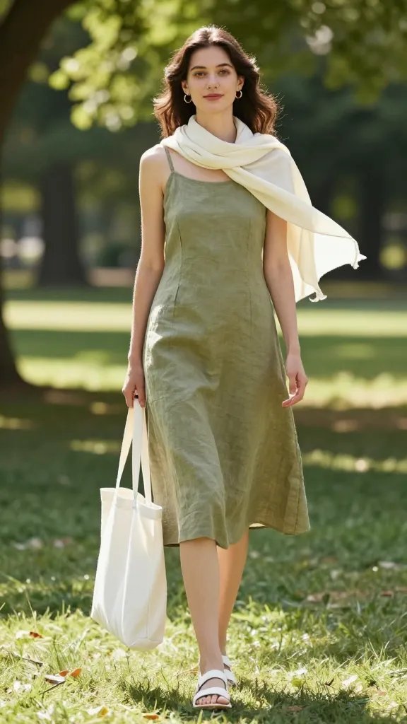 A high-resolution, sunlit outdoor scene featuring a poised, stylish woman standing in a park with lush greenery and dappled sunlight. She wears a soft olive linen shift dress that falls just above the knee, paired with white sandals and a white tote bag. She accessorizes with delicate gold hoop earrings and keeps jewelry minimal. A light cream scarf is draped loosely around her shoulders or carried lightly in one hand to suggest a casual breeze. The overall mood is effortlessly sophisticated and summery, suitable for a park-side picnic, a summer wedding, or an open-air concert. The lighting is natural and warm, with shallow depth of field keeping the subject crisp while softly blurring the background. No text or branding visible in the scene.