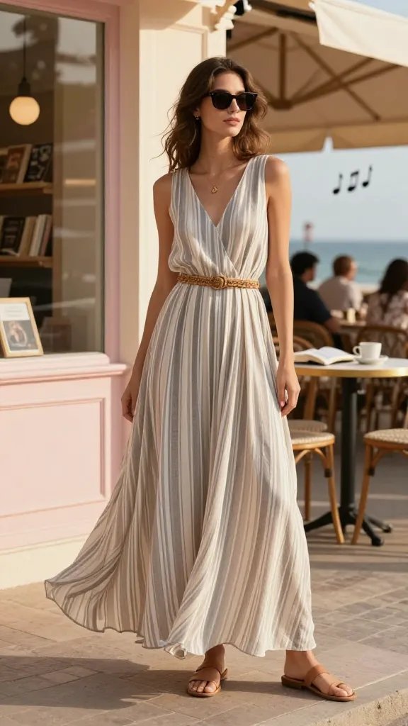 A sunlit seaside town street scene featuring a refined woman modeling a striped maxi dress with neutral vertical stripes. She stands confidently near a pastel-colored storefront, the gentle breeze causing the dress to graze her ankles and create subtle movement. The maxi dress is floor-length, flowing, with a soft, breathable fabric in neutral stripe tones, paired with tan leather flat sandals. A woven belt sits at the natural waist (optional) to add a touch of structure, while a delicate, minimalist pendant necklace catches a hint of sunlight. She wears chic sunglasses, and her hair is arranged in loose, effortless waves. The scene includes warm, golden-hour lighting, a bookshop cafe in the background, a small table with an open book and a cup of coffee, and a distant outdoor concert vibe suggested by distant silhouettes and soft music notes in the air. The overall mood is luxurious yet understated, with a clean, high-fashion editorial vibe that emphasizes timeless summer elegance. No text on the image.