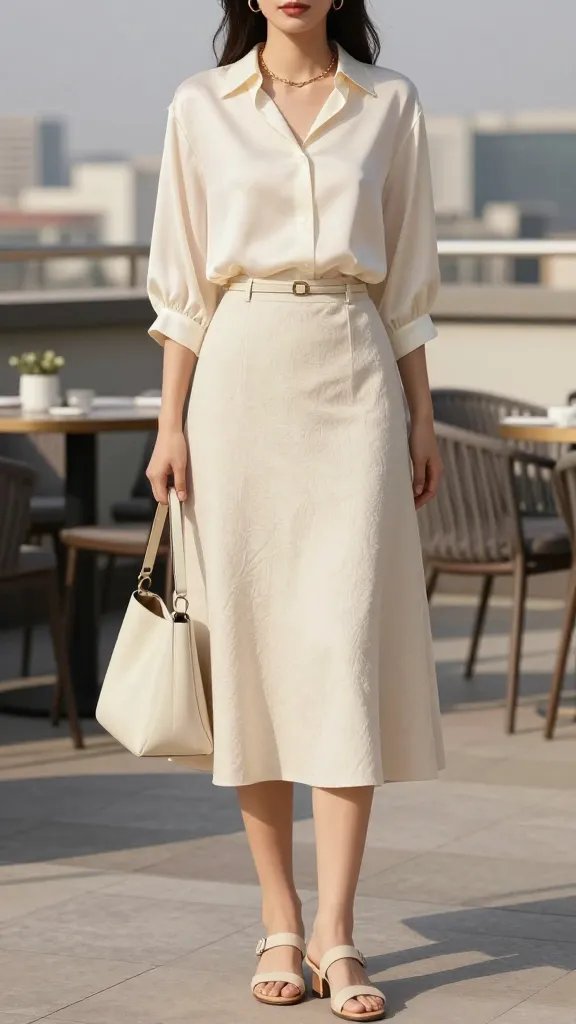 A high-resolution, sunlit rooftop brunch scene featuring a stylish woman in a cream-on-cream monochrome outfit. She wears a silky cream blouse with a gentle drape tucked into a midi-length cream skirt made of a slightly textured fabric, paired with beige sandals and a structured cream tote. Add a delicate gold minimalist jewelry set (thin chain necklace and small hoops) and a slim belt in a slightly lighter shade to define the waist. The styling highlights varied textures: silk blouse, cotton or wool-blend skirt, and soft leather sandals. Natural, warm sunlight creates soft shadows; background includes modern rooftop elements, subtle cityscape, and soft neutral tones to keep the focus on the outfit. The overall mood is effortlessly luxurious, polished, and summery. The image should be a realistic, high-quality fashion photograph with no visible text.