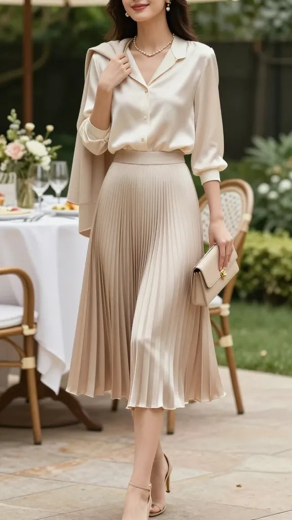 A serene outdoor garden party scene with a refined, upscale vibe. The main subject is a stylish woman wearing a sand-colored pleated midi skirt with a subtle satin sheen, paired with a creme satin blouse tucked at the waist, beige heeled sandals, and a structured beige clutch. She wears delicate gold jewelry and pearl accents, with a lightweight cardigan draped over one shoulder for a breezy finish. The setting features soft natural light, manicured greenery, and a luxe table with subtle brunch vibes in the background. The pose is graceful and poised: one hand lightly adjusting the cardigan, the other resting on the clutch, shoulders relaxed, a gentle smile, conveying timeless, old-money elegance. The photo should have a shallow depth of field to softly blur the background while keeping the outfit details crisp, and a warm, sunlit palette that enhances the satin sheen and sand tones. No text on the image.