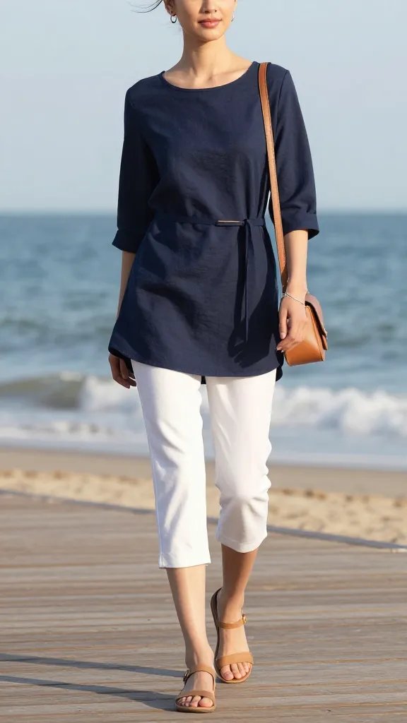 A high-resolution, sunlit fashion editorial portrait of a graceful, polished woman posing seaside on a wooden boardwalk. She wears a navy cotton tunic with a relaxed silhouette and slim white capri pants, paired with sand-colored sandals and a tan crossbody bag. A thin belt cinches the tunic at the waist for definition. Minimal jewelry&mdash;perhaps tiny hoop earrings or a delicate bracelet&mdash;keeps the look understated. The scene includes soft ocean blue tones in the background, with gentle sea breeze moving the tunic and a light, airy mood suitable for a seaside luncheon or museum day. The lighting is natural, warm, and flattering, with shallow depth of field to keep the subject crisp while subtly blurring the background. No text on image.