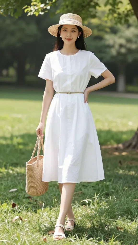 Portrait of a stylish woman modeling a white-on-white summer picnic outfit in an outdoor park setting. She wears a lightweight white cotton picnic dress paired with a slim beige belt at the waist, a straw hat with a thin ribbon, and a matching straw tote. Beige sandals complete the look. The scene is bright and sunny, with soft natural light, lush green grass, and dappled shade from trees. The composition is airy and elegant, conveying playful summer sophistication suitable for a park picnic or vineyard visit. No text on the image. The subject is centered, with a relaxed, confident pose, capturing a crisp, minimalist aesthetic.