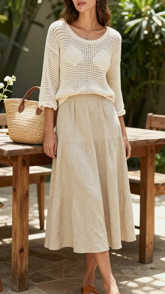 A sunlit outdoor garden party scene featuring a stylish woman as the main subject wearing an ivory crochet knit top with a delicate texture and a beige linen midi skirt that falls softly to mid-calf. She stands near a rustic wooden table with a woven straw bag resting on it, and tan leather sandals peeking from beneath the skirt. The setting includes lush greenery, dappled sunlight, and light summer breeze. Accessories are minimal: a simple pendant necklace and clean, natural makeup with a dewy, fresh-faced glow. The overall mood is boho-luxe and premium without effort, with a focus on the texture of the crochet and the breathable elegance of linen. The composition should be a high-resolution, realistic fashion portrait capturing natural shadows, soft bokeh in the background, and a tasteful depth of field that emphasizes the outfit as the star. No text on image.