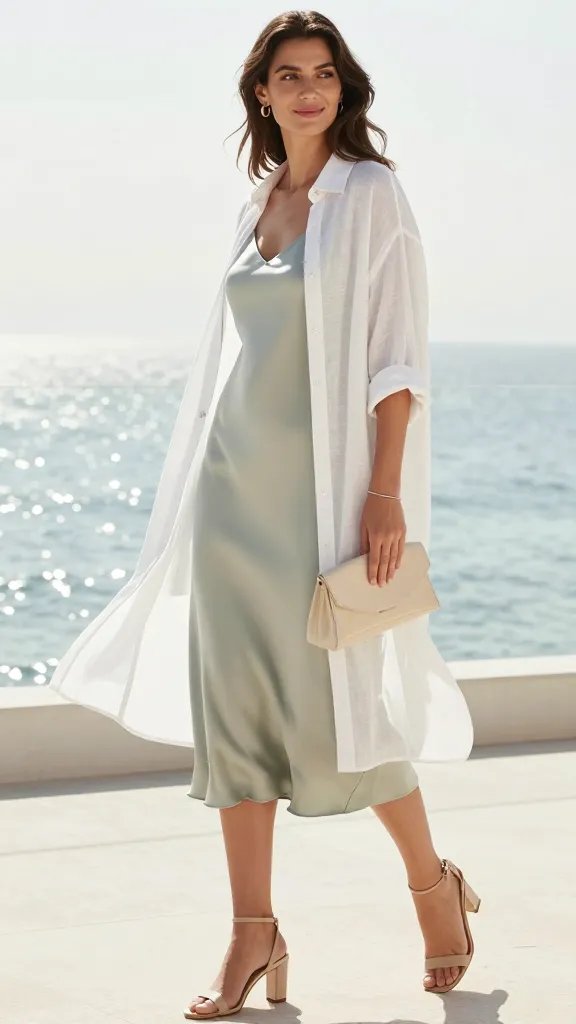 Create a high-fashion, sun-drenched editorial portrait of a sophisticated woman wearing a soft sage slip dress layered with a white linen overlay blouse, styled for a chic summer brunch by the water. The overlay should remain open for natural movement and a hint of drama, revealing the sage satin slip underneath. Accessorize with a minimalist silver bracelet and small hoop earrings, a neutral block-heeled sandal, and a small minimalist clutch in cream or beige. Set the scene on a bright seaside deck or terrace with soft, diffused sunlight reflecting off calm water in the background, delicate wind catching the overlay to create subtle movement. The overall mood should be effortless luxury and timeless elegance, with clean lines, muted neutrals, and a refined, airy atmosphere. No text on the image. The main subject should be the focal point, posed with relaxed poise, perhaps a gentle turn of the shoulders and a light smile, conveying relaxed confidence. High-resolution, natural skin tones, crisp fabric textures, and a shallow depth of field to softly blur the background while keeping the outfit in sharp focus.