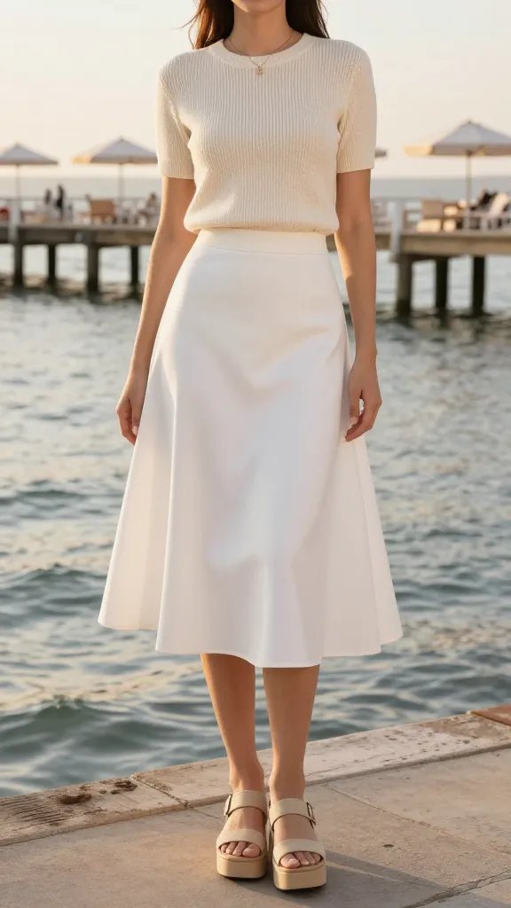 A realistic, high-quality photo of a stylish woman standing by a sunlit waterfront pier during golden hour. She wears a cream knit short-sleeve top paired with a white A-line midi skirt and beige platform sandals. She accessorizes with a delicate gold dainty necklace and a clean manicure, no visible nails polish theft. The setting includes soft, warm light reflecting on gentle waves, light breeze causing the skirt to slightly sway, and a subtle background of pastel beach umbrellas and wooden pilings. The overall color palette is cream, white, and beige with a soft, classic, &ldquo;old money&rdquo; vibe. The composition is clean and elegant, with the subject centered or slightly off-center, capturing a calm, polished summer moment suitable for a date by the pier or a sunset stroll. No text or logos on the image.