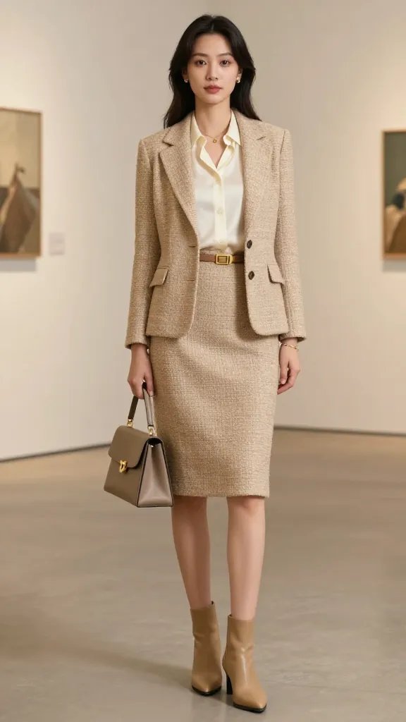A realistic high-fashion editorial portrait of a poised woman wearing a classic Tory-tailored beige/tan tweed blazer paired with a matching tweed pencil skirt, set in a softly lit gallery opening. She sports a cream silk blouse beneath, a gold belt with a minimalist buckle, and camel-pointed toe ankle boots. She carries a small structured taupe handbag, and delicate gold jewelry with modern accents (a slender bracelet and small stud earrings). The look is polished yet understated, exuding quiet luxury; the setting features neutral walls with soft gallery lighting, subtle shadows, and a shallow depth of field to keep the subject crisp while the background softly blurs, conveying sophistication and timeless elegance. No text on the image.