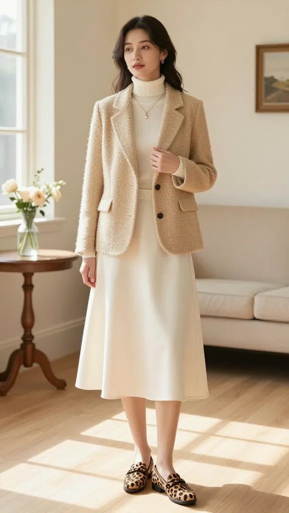 A serene, sunlit portrait of a poised adult woman standing in a softly lit, upscale country house interior with cream walls and light hardwood floors. She wears a pale sand camel soft-shouldered tweed blazer, an ivory knit turtleneck, and an ivory A-line midi skirt that falls just below the knee. Leopard-print loafers provide a subtle pop of pattern. She accessorizes with a delicate pendant necklace and minimal jewelry, keeping the blazer as the focal point. The pose is effortless yet polished&mdash;one hand resting lightly at her side, the other gently adjusting the blazer lapel. The setting includes a hint of refined country decor: a neutral-toned sofa, a small wooden side table with a vase of pale blooms, and soft natural light streaming through a window, creating a timeless Quiet Luxury vibe. The overall mood is day-to-evening ready, chic, and elegantly understated.