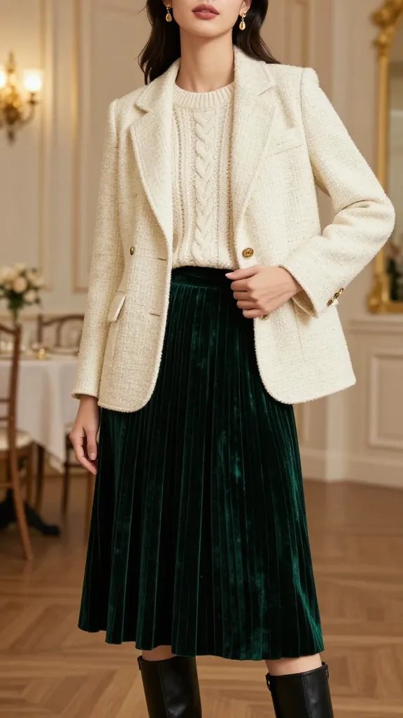 A refined, high-fashion editorial portrait of a woman standing in a softly lit ballroom-inspired setting, wearing a tailored cream tweed blazer with subtle flecks paired with a deep emerald velvet pleated midi skirt, complemented by a cream cable-knit sweater. She wears black knee-high leather boots and delicate gold drop earrings. The outfit exudes quiet luxury with a balanced, sophisticated silhouette: the heavy velvet softened by the lighter knit, a tailored blazer nipping the waist, and minimal accessories. The backdrop features warm, ambient lighting, ivory walls, and hints of gilded detailing to evoke an upscale luncheon ambiance. The model poses with one hand resting at her hip and the other lightly adjusting the blazer, exuding calm confidence for a winter soir&eacute;e or elegant luncheon. High-resolution, natural skin tones, shallow depth of field, rich textures highlighted&mdash;the tweed&rsquo;s flecks, the velvet&rsquo;s sheen, and the knit&rsquo;s cozy texture clearly visible. No text on the image.