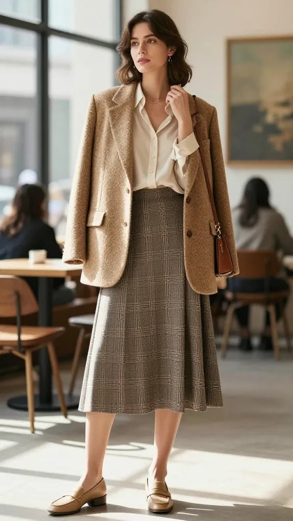 A high-resolution fashion editorial shot of a stylish woman standing in a softly lit urban museum cafe setting. She wears a relaxed-fit camel tweed blazer over a plaid A-line midi skirt in neutral tones, paired with a slightly oversized soft ivory button-down blouse left untucked at the front for a casual vibe. Finish with tan low-heeled loafers and a sleek leather crossbody bag. Pose: one hand gently touching the blazer lapel, the other holding the crossbody strap, shoulders relaxed, gaze confident but approachable. Composition: natural daylight streaming through large windows, shallow depth of field to blur the background art and create bokeh, focus on texture of tweed, plaid, and silk blouse, minimalist jewelry, neutral color palette, no visible text on image.