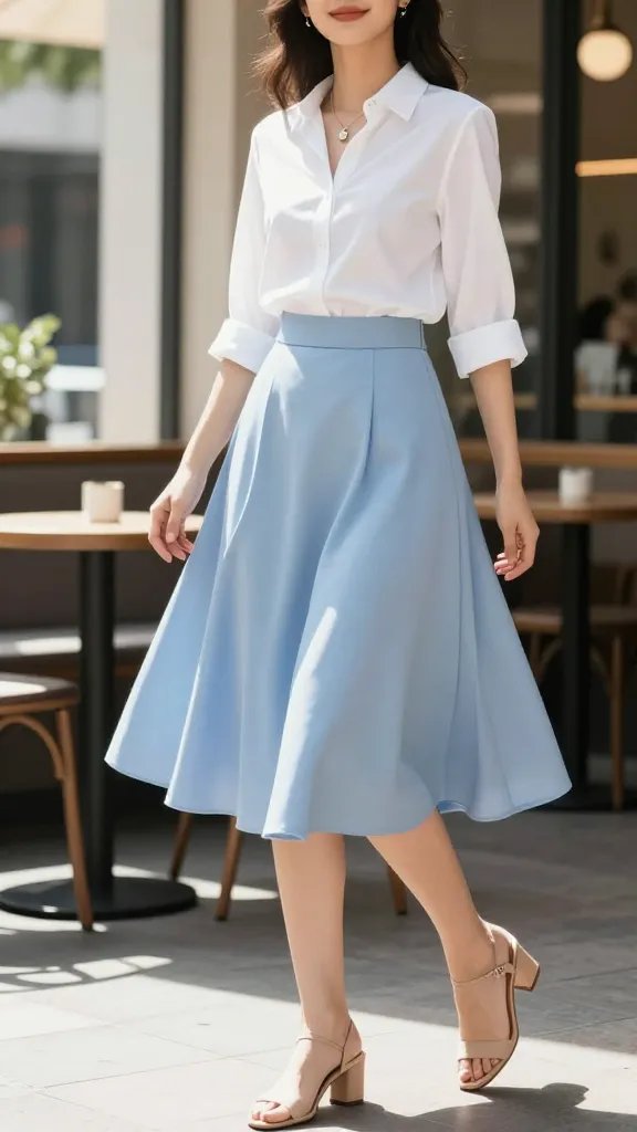 A high-resolution, sunlit fashion editorial shot of a poised woman in a chic summer outfit. She wears a crisp white oxford shirt tucked neatly into a soft sky-blue midi skirt that sways as she moves. Add a slim belt at the waist for shape, and nude block-heel sandals completing the look. Accessorize with a delicate pendant necklace. The shirt is slightly cinched at the waist, sleeves rolled or short, giving a polished yet relaxed vibe. Pose her in a bright, urban cafe setting with natural light streaming through windows, or a sun-drenched outdoor terrace, to emphasize a fresh, approachable office-to-brunch style. The composition should capture movement of the midi skirt, subtle smile, and confident, professional aesthetics. No text on the image.