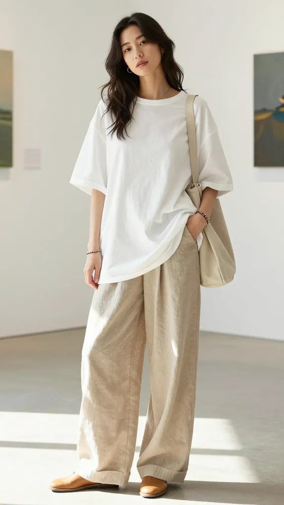 A high-resolution editorial-style photo of a poised female model standing in a sunlit gallery space with white walls and soft natural light. She wears an oversized white cotton popover tucked loosely at one corner to reveal a hint of the waist, paired with beige wide-leg linen trousers. Her tan leather slides peek from beneath the cuffs, and she wears a delicate beaded bracelet stack on one wrist. The model carries a neutral-toned tote slung casually over one shoulder. Pose is relaxed yet confident: one hand resting at her hip, the other lightly adjusting the hem of the popover, with a subtle tilt of the head and a soft, assured expression. The background suggests gallery walls with minimal art, ensuring the outfit remains the focal point. No text on image.