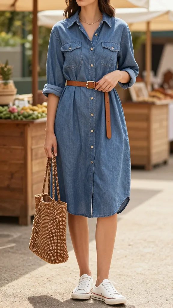 A sunlit, candid-style fashion photograph of a stylish woman modeling a chambray shirt dress cinched at the waist with a tan leather belt, paired with white canvas sneakers and a beaded tote. The sleeves are neatly rolled to mid-forearm, and she wears a delicate, minimalist necklace. The look exudes easy vintage vibes&mdash;polished yet relaxed. She stands in a softly lit outdoor farmers market setting, with wooden stalls and greenery in the background, one hand gently resting on her belt and the other holding the beaded tote. The dress falls to just above the knees, and the ensemble reads as timeless, chic, and approachable. Natural, warm color palette with blue chambray tones, ivory sneakers, and earth-toned accessories; shallow depth of field to subtly blur the background while keeping the subject sharp. No text on image.