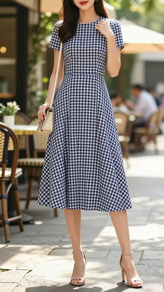 A high-resolution, fashion-forward editorial shot of a stylish woman modeling a Polished Gingham Midi with Nude Heels. The main subject stands in a sunlit outdoor garden caf&eacute; setting with soft bokeh of greenery and blurred cafe tables in the background. She wears a navy-and-white gingham midi dress that falls to mid-calf, tailored to accentuate the waist, with clean lines and a subtle A-line silhouette. She pairs the dress with nude heeled sandals, a beige crossbody bag slung casually at the hip, and a delicate silver bracelet for understated shine. The styling is simple and cohesive: no busy accessories or bold prints competing with the gingham. The lighting is warm and natural, casting gentle shadows that enhance the dress&rsquo;s pattern without overpowering it. The subject&rsquo;s pose is poised and confident&mdash;one hand resting at her side, the other lightly touching the crossbody strap&mdash;exuding a sweet-but-strong, grown-up charm. The composition centers the model, with the cafe-strewn street receding softly into the background, and a shallow depth of field that renders the dress, shoes, and accessories in crisp focus. The overall mood is polished, chic, and summery, suitable for garden parties, weddings, or a sunny cafe stroll, with the image radiating a timeless, photo-ready elegance. No text on the image.