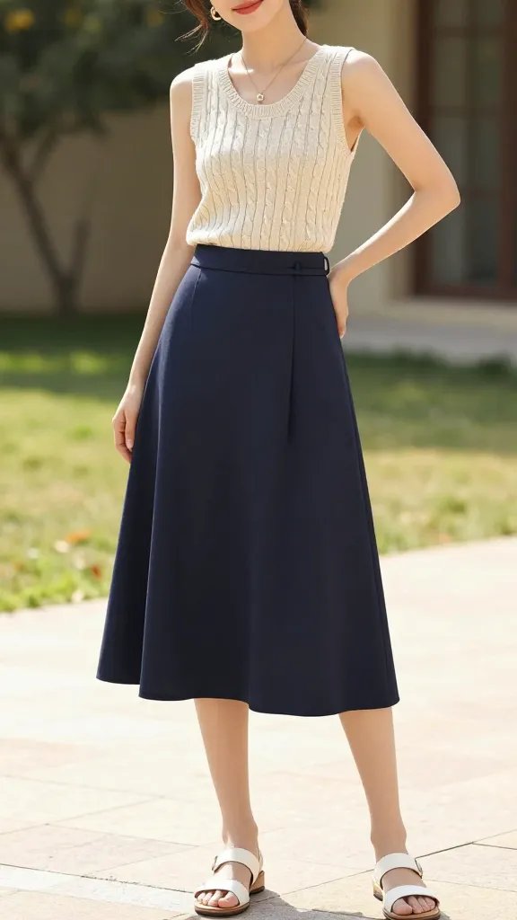 A high-quality, hyper-realistic fashion photograph of a stylish woman posing outdoors in warm, soft summer light. She wears a beige cable-knit tank top with subtle texture and a navy A-line midi skirt that falls gracefully to mid-calf, creating a polished silhouette. White leather sandals peek at the feet, complemented by a simple pendant necklace and a very thin belt cinching the high waist of the skirt to add structure. The setting is a sun-dappled outdoor space&mdash;perhaps a light stone patio or a grassy courtyard&mdash;evoking summer office days, picnics, or a friend reunion. The composition emphasizes texture and depth: the cable-knit fabric catches gentle shadows, the A-line skirt creates movement, and the minimal jewelry allows the textures to shine. The subject has relaxed, confident posture with a slight, natural smile,/body angled slightly to one side, hands resting near the belt or lightly on the hip. Background is softly blurred to keep focus on the outfit, with natural tones and a clean, chic aesthetic. No text or logos in the scene.