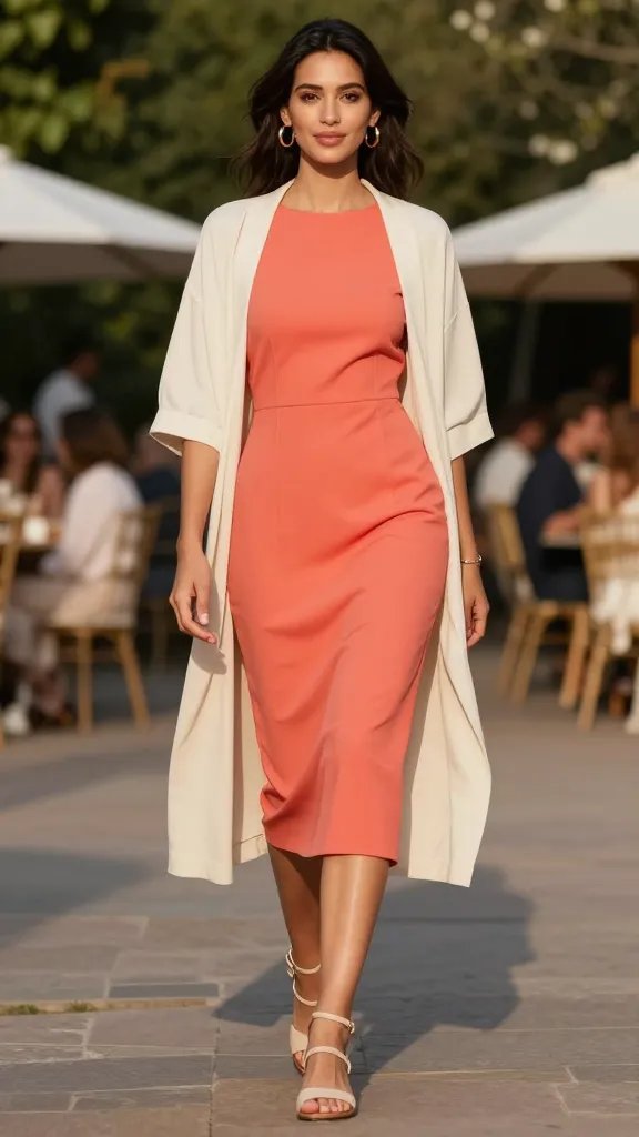 Generate a high-resolution, photorealistic image of a chic, sunny outdoor summer scene featuring a stylish main subject: a polished woman wearing a bold-pop coral midi dress with a clean neutral accessory palette. The dress should be the standout piece in a color-block design, paired with a lightweight cream cardigan draped over the shoulders or worn loosely, and neutral flat sandals. Accessorize minimally with gold hoop earrings and a small, delicate bracelet or watch. The setting is a warm, sunlit outdoor venue such as a park with soft greenery, perhaps a late-afternoon concert or outdoor gala ambiance, with the woman posing gracefully to emphasize the dress as the focal point. Lighting should be natural and flattering, highlighting the vibrant coral dress while ensuring the neutrals remain soft and understated. The overall mood is polished, confident, and summery, with clean lines and a effortless elegance. No text or branding visible in the scene.