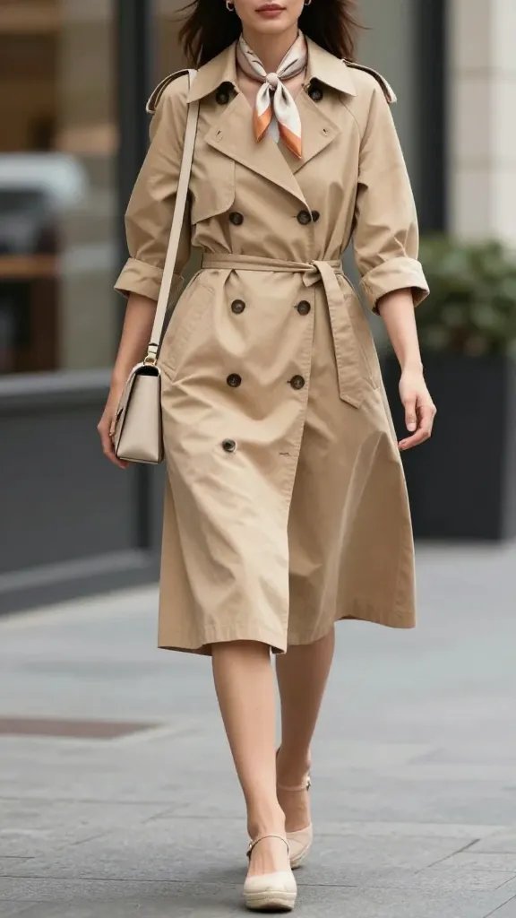 A realistic, high-quality fashion photograph of a stylish woman walking through an urban daytime setting, wearing a lightweight trench-inspired dress in a warm sand tone, cinched at the waist with a slim belt and sleeves casually rolled up. She pairs nude espadrille wedges and carries a beige crossbody bag. Optional silk scarf in a complementary color tied loosely around the neck or tucked into the bag for a subtle accent. The look should read as polished and versatile for day-to-night wear, with soft natural lighting, shallow depth of field to blur the background, and a confident, effortless pose that conveys ready-for-anything chic. No text on the image. The main subject from the article title should be clearly featured.