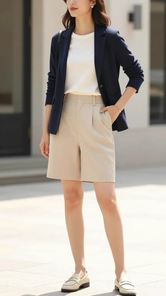 A polished, high-resolution lifestyle photograph of a stylish woman modeling a navy knit blazer over a cream white tee with beige tailored shorts, posed in a bright, sunlit urban courtyard. The navy blazer is tailored yet comfortable, sleeves casually pushed up to convey relaxed sophistication; the white tee is neatly tucked in. A slim belt cinches the waist of the shorts, subtly enhancing the silhouette. Finish with bone-colored loafers and minimal, natural accessories (small stud earrings, delicate watch). The subject stands with one hand resting on her hip and the other lightly adjusting the blazer, exuding confident, approachable professionalism suitable for client lunches or daytime events. The color palette remains neutrals&mdash;navy, cream, beige, bone&mdash;for a chic, cohesive summer look. No visible logos or text in the frame.