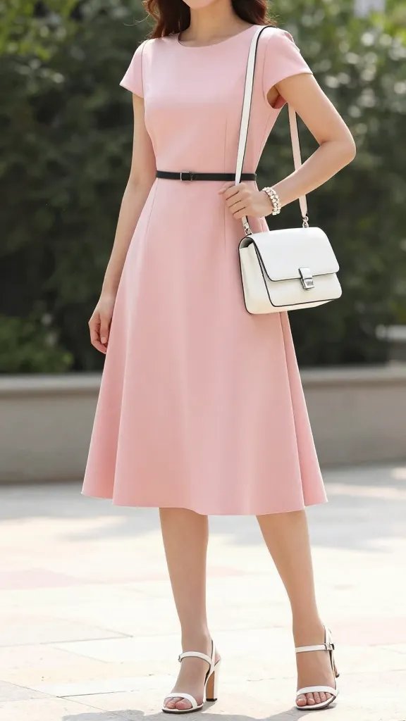 A realistic, high-quality fashion photograph of a stylish woman modeling a soft pink midi dress in a sunlit, chic outdoor setting. She stands with a poised, airy posture on a light stone terrace, against a blurred backdrop of greenery and soft bokeh. The powder-pink midi dress is the hero: structured yet fluid, with clean lines, a modest knee-length hem, and subtle tailoring that flatters the silhouette. She pairs it with white heeled sandals that have a minimal strap design, and a white structured crossbody bag resting at her hip. On her wrist are a pearl bracelet stack, adding a luxurious touch without overpowering the look. The styling is understated and polished: no heavy jewelry or prints, letting the pink dress be the focal point. Optional slim black belt at the waist for a hint of edge. Lighting is soft and flattering, capturing delicate textures of the fabric and the gloss of the white accessories, with natural daylight creating gentle shadows to emphasize the refined, girlish-grown-up glam. The overall mood is bridal-shower to fancy-br brunch-ready, elegant, and wearable daily.