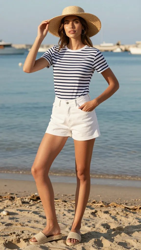 A sunlit, high-resolution fashion editorial portrait of a stylish woman standing on a sandy beach at golden hour, embodying a Classic Riviera Look. She wears white denim shorts, a Breton striped tee (navy and white, fitted but not tight), and a wide-brim straw hat with a natural raffia texture. She pairs espadrille sandals with jute-woven detailing. The look is balanced with solid neutrals in minimal jewelry&mdash;a delicate gold anklet and small hoop earrings. Soft, sun-kissed glow on her skin, light dewy makeup, and natural tousled hair peeking from under the hat. The background features calm, turquoise water, a hint of harbor boats, and sand textures with shallow depth of field to keep focus on her. Lighting is warm and flattering, with gentle shadows enhancing the stripes without overpowering them. Pose is relaxed yet elegant: one hand resting at her hip, the other lightly adjusting the brim of the hat, shoulders slightly angled for a flattering silhouette. No text or logos in the frame.