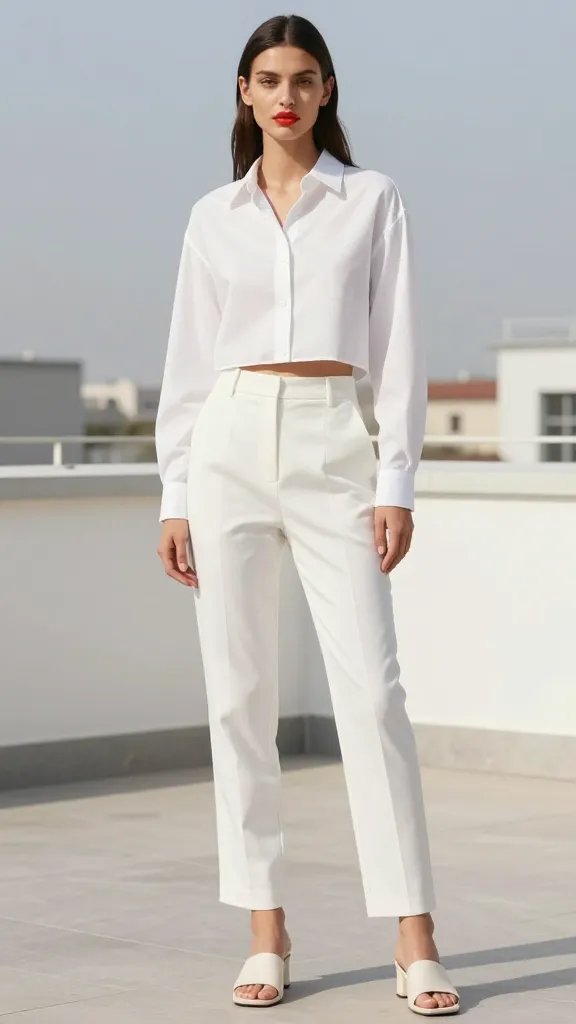 Create a high-resolution, sunlit fashion editorial image featuring a single female model styled in a minimalist monochrome look with a pop color lip. The outfit consists of a crisp white cropped blouse paired with white tailored pants, and neutral slide sandals. The color palette is strictly within the white/ivory family with subtle shading differences to maintain a single-color theme. The model should be posed on a stylish rooftop or modern outdoor terrace with soft, natural lighting that enhances clean lines and a polished silhouette. The focal point is a bold coral lip color applied carefully, contrasting with the monochrome outfit. The makeup should emphasize a flawlessly matte face, defined but natural eyes, and a statement coral lip that draws the eye. The overall mood is chic, modern, and elevated, suitable for day-to-night events. Ensure no text appears on the image and the main subject clearly reflects the article title&rsquo;s concept of a Minimalist Monochrome Look with a Pop Color Lip for Statement Finish.