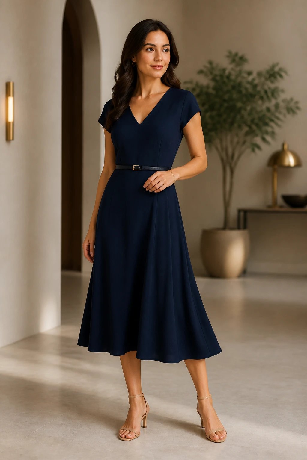A medium shot of a stylish woman standing in a softly lit, modern interior with neutral tones and subtle gold accents. She wears a navy midi dress with clean, structured lines that skim the silhouette, a V-neck, and a lightweight, slim belt at the waist. Her footwear are Cassia-toned ankle-strap sandals with a low to mid heel. She accessorizes with minimal gold jewelry: small gold hoop earrings and a delicate gold bracelet, chosen to enhance the dress&rsquo;s movement without overpowering it. The model's pose is relaxed yet poised, with one hand lightly brushing the waist belt and the other resting at her side, allowing the dress to flow and glide. The lighting highlights the fabric&rsquo;s sheen and movement, creating gentle shadows that elongate the torso and emphasize the dress&rsquo;s clean lines. The background is uncluttered, with soft bokeh from a hint of greenery or architectural detail to add depth, ensuring the main subject remains the focal point. No text.