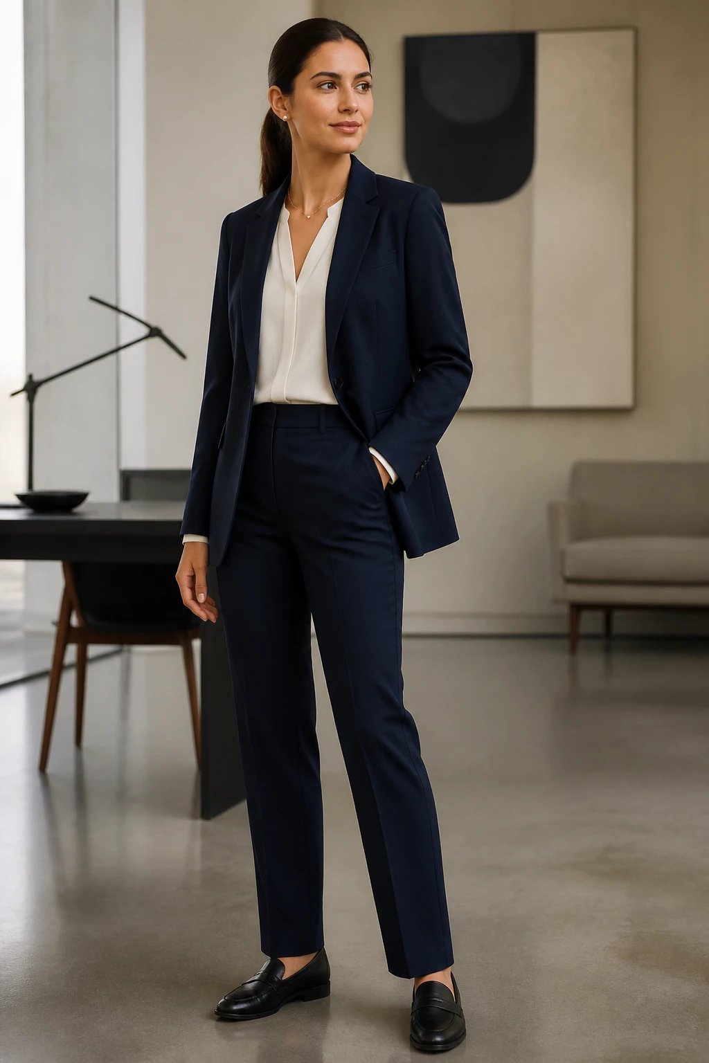 A high-resolution editorial portrait of a confident woman in a monochrome navy business suit, standing in a modern minimal office backdrop. The look features a navy tailored blazer with a relaxed length hitting just below the hip, matching navy straight-leg trousers, and an ivory silk or crepe blouse peeking softly at the neckline. Matte wool fabric with subtle texture, no shine. She wears black leather loafers or camel ankle boots, and a delicate gold or pearl necklace peeking from the blouse. Natural, polished makeup with a neutral lip, hair in a sleek low ponytail or smooth blowout. The lighting is soft and flattering, with shallow depth of field to emphasize the suit&rsquo;s lines and texture, conveying authority and approachable professionalism without harsh shadows. No text on the image.