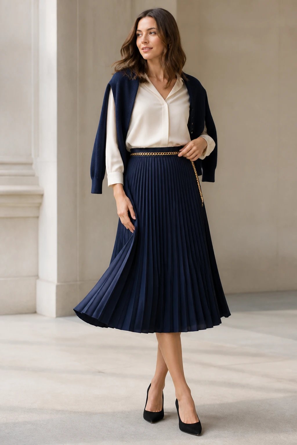 A high-resolution fashion editorial photograph of a woman modeling a navy pleated midi skirt paired with an ivory blouse and black pointed-toe pumps. The skirt should be knee-to-mid-calf length with soft, light-catching pleats that move fluidly. The ivory blouse is lightly tucked at the waist for a clean silhouette, with a slim gold chain belt cinching the natural waist. A cropped cardigan in a complementary navy tone is draped over the shoulders to add subtle layering. The overall look is polished and timeless with a minimal backdrop in neutral tones, natural lighting, and a shallow depth of field to softly blur the background while keeping the model sharp. The pose should convey effortless elegance, such as a slight turn with one hand resting near the belt and the other at the hip, ensuring movement in the fabric is visible. No text or logos on the image.