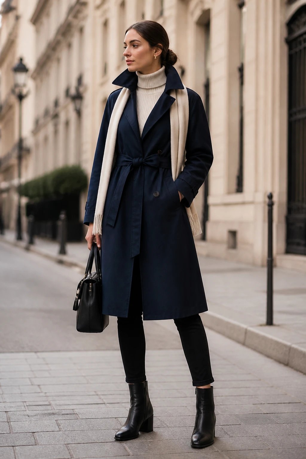 A high-resolution fashion editorial shot of a stylish woman standing in a softly lit urban street scene during daytime, wearing a navy trench coat belted at the waist over a cream knit turtleneck, paired with black skinny jeans and block-heeled ankle boots. The trench is tailored and slightly oversized, cinched to define the waist, with the collar up and sleeves neatly pressed. She holds a structured black or dark navy bag in one hand, and a light cream scarf drapes gracefully around the neck or over the coat collar for depth. The overall look is polished and minimalist, with clean lines and a restrained color palette. Subtle camera depth of field blurs the background to emphasize the subject, natural makeup, hair pulled back in a sleek low bun, no visible text or logos on the image, and the lighting is soft and flattering to highlight the navy coat and cream knit without harsh shadows. The composition frames the full outfit from head to toe, with the woman slightly angled and a calm, confident pose.