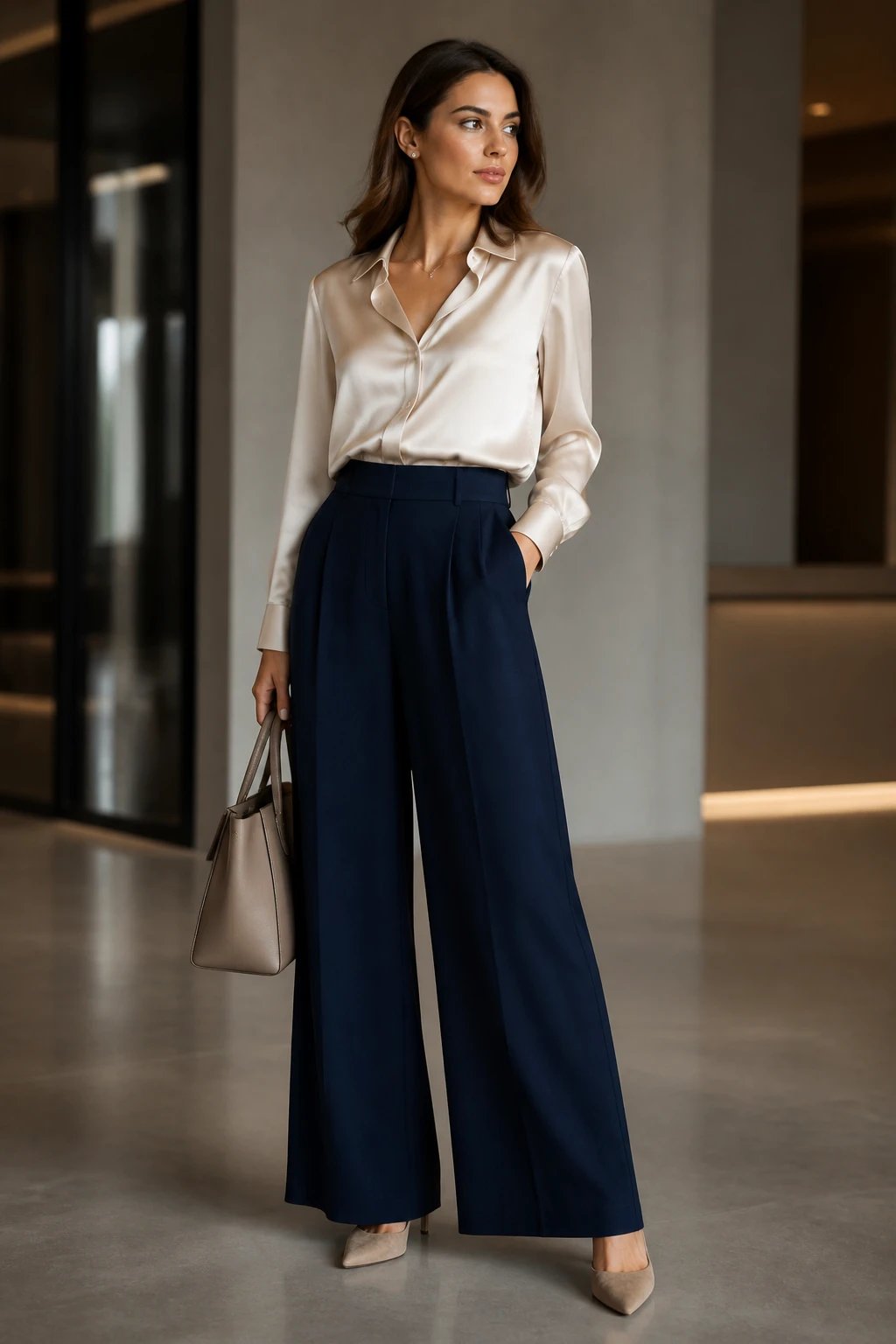 A photo of a confident woman modeling navy wide-leg trousers paired with a silky blouse, standing in a softly lit, minimalist urban interior. The navy trousers are high-waisted and flowy, creating elegant movement as she poses. She wears a satin or silk blouse in cream or blush with a subtle sheen, either fully tucked in or half-trench tucked to define her waist. She completes the look with pointed-toe mules in a neutral tone and carries a structured tote in a complementary color. Jewelry is delicate: a small pendant necklace and stud earrings. The lighting highlights the sheen of the blouse and the texture of the trousers, with a softly blurred background that suggests a chic, modern setting. The subject is the main focus, eyes directed slightly off-camera, exuding poise and sophistication. No text on the image.
