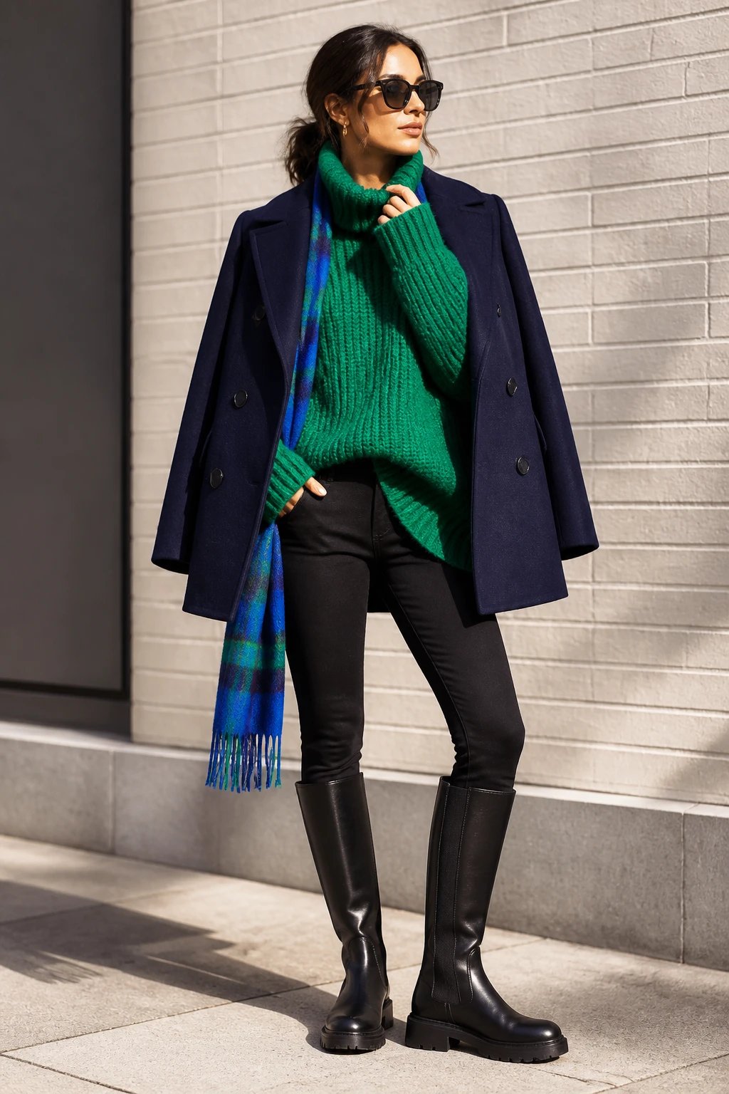 A high-fashion editorial portrait of a stylish woman standing in a neutral urban setting, wearing a tailored navy peacoat over a chunky bright jewel-tone oversized knit in emerald-green. She pairs with sleek black leggings or skinny jeans and knee-high Chelsea boots in black leather. The knit should be the focal point, vibrant and slightly oversized, with the coat&rsquo;s crisp lines framing the silhouette. Add a bold scarf in a complementary bright color draped loosely around the neck or tucked into the coat lapel for a cohesive color echo. Lighting is bright and natural, with soft shadows to emphasize texture: the smooth wool of the coat, the knit&rsquo;s chunky fibers, and the polished leather boots. Pose with confident, relaxed posture&mdash;one hand in a pocket, the other resting near the collar&mdash;against a clean urban backdrop (e.g., a modern brick wall or minimalist street scene) to highlight contrast between the structured coat and the playful knit. No text or branding in the image.