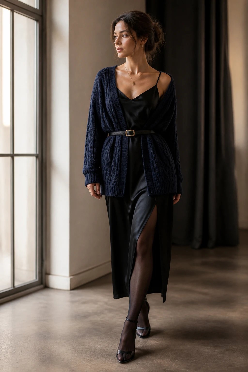 Generate a high-quality, realistic fashion editorial photo of a woman modeling a navy blue outfit inspired by a cardigan over a slip dress. The main subject should be the focal point, embodying soft, romantic, effortless-cool styling. Outfit: black slip dress layered with a navy cable-knit cardigan worn loose for a relaxed silhouette; optionally cinch the cardigan with a thin belt at the waist for subtle shape. Footwear options include strappy sandals or ankle boots. Accessorize with a delicate pendant necklace. Styling: sheer tights for cooler days to maintain a cohesive vibe. Pose the model in a softly lit, elegant setting&mdash;natural light from a large window or a minimalist studio backdrop with warm tones. Expressions: serene, slightly contemplative, with a gentle smile or neutral gaze. Composition: mid-to-full body shot, slight angle to highlight the drape of the cardigan and the movement of the slip dress, hands relaxed, one leg slightly forward for natural posture. Color palette should emphasize navy, black, and muted metallics; textures visible in knit, satin-like slip, and smooth tights. No text or logos in the image. The image should exude date-night versatility and effortless chic.