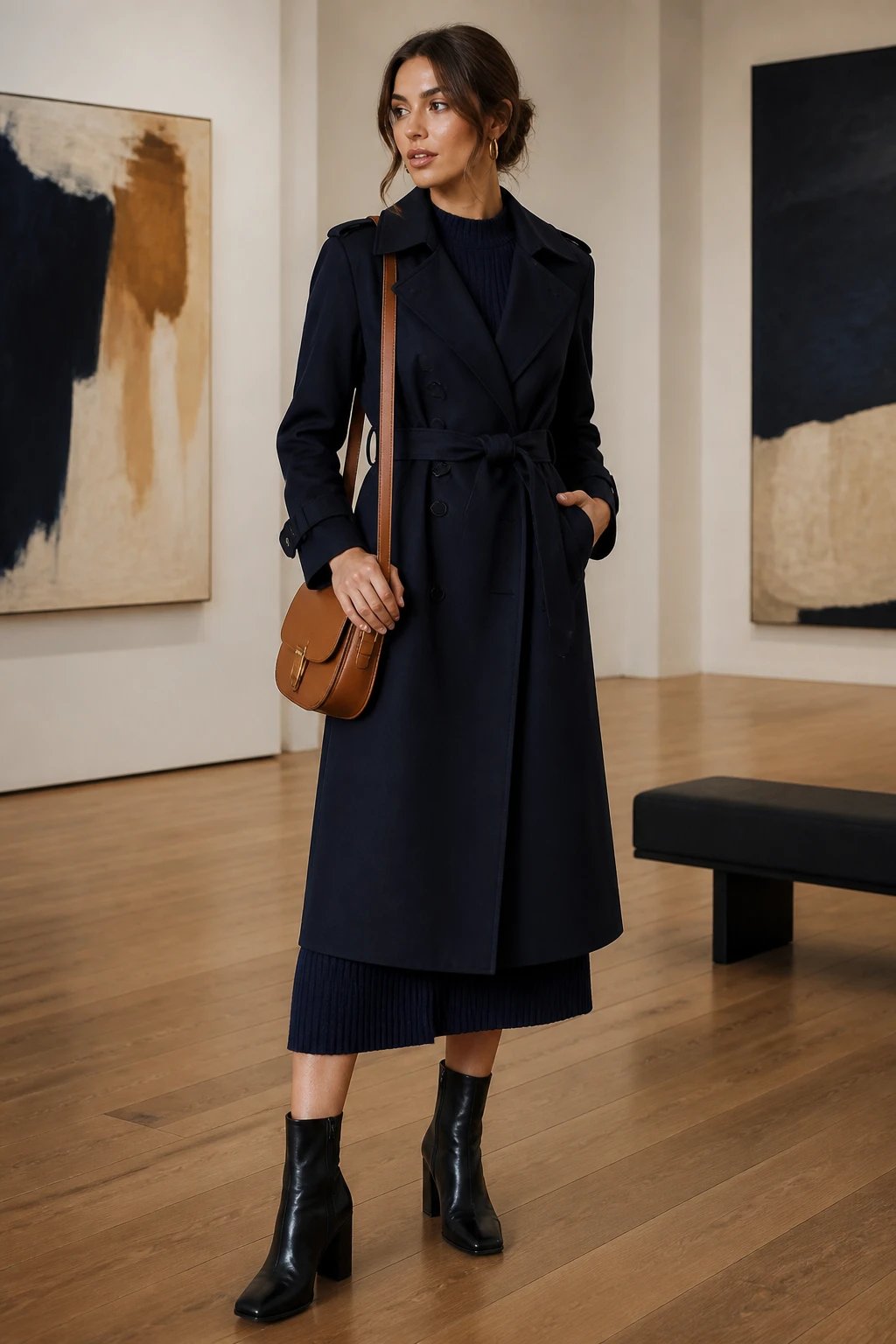 A high-fashion editorial still of a poised woman in a navy-toned look: a navy tailored trench coat belted at the waist over a deep-navy knit midi dress, standing in an art gallery with muted, soft lighting. She wears black ankle boots with a chunky heel, gold hoop earrings, and carries a structured crossbody bag in deep camel. The trench is cinched to emphasize a sleek silhouette, with the knit dress hem peeking slightly below the trench for a subtle reveal. The scene is composed to highlight sophisticated dates-night/after-work versatility, with the model&rsquo;s posture confident and slightly angled, one hand resting on the trench belt and the other holding the camel crossbody. A refined, minimal background, clean lines, and natural skin tones to convey modern polish and cozy chic. no text on image.