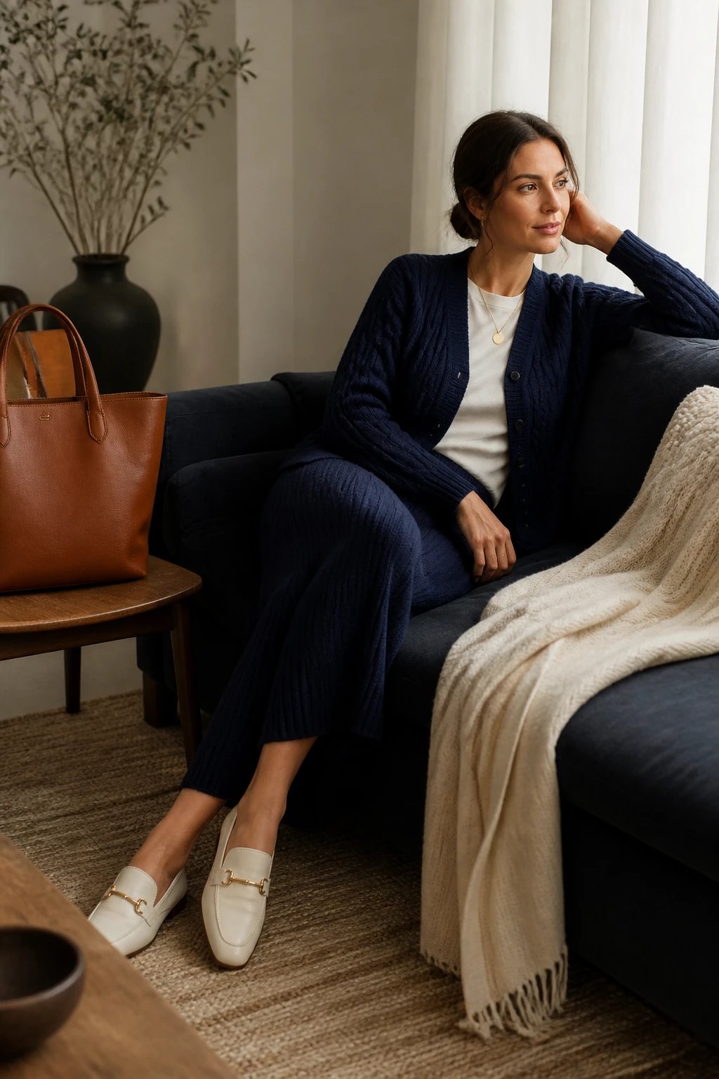A high-resolution fashion editorial shot of a chic, modern woman lounging on a cozy sofa in a softly lit living room, wearing a navy cable-knit cardigan paired with a navy knit midi skirt (or matching knit pants) from head to toe in the same navy shade. She has a minimalist pendant necklace and white sneakers or, alternatively, pointed-toe loafers to elevate the look. A cognac leather tote sits nearby on a side chair, adding a warm, contrasting accent. The color palette is cohesive in navy tones with a subtle cream tee layered under the cardigan for chilly vibes. The composition is clean and aspirational, with natural daylight filtering through sheer curtains, a plush throw draped over the sofa, and a sense of effortless, boutique-level polish achieved from home. No text on the image.
