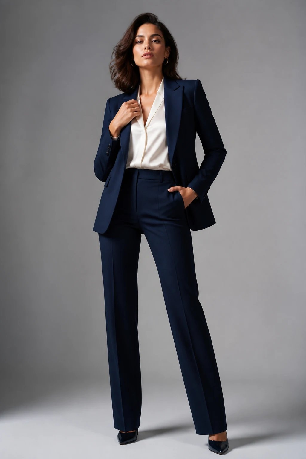 A high-resolution fashion editorial portrait of a confident woman wearing a tailored navy suit: a structured navy blazer with precise shoulder line and a slim, tailored navy trouser that breaks just over the shoe, paired with a white satin blouse tucked neatly, and navy patent or black pumps with a refined silhouette. Accessories are minimal gold or silver jewelry&mdash;simple hoop earrings or a delicate bracelet. Lighting is soft yet crisp to emphasize clean lines and the luxe texture of the fabrics, with a subtle studio backdrop in muted gray or off-white to keep the focus on the monochrome navy look. Pose is poised and powerful, one hand resting at the waist and the other lightly touching the lapel, shoulders squared, exuding invincible sophistication. No text on the image.