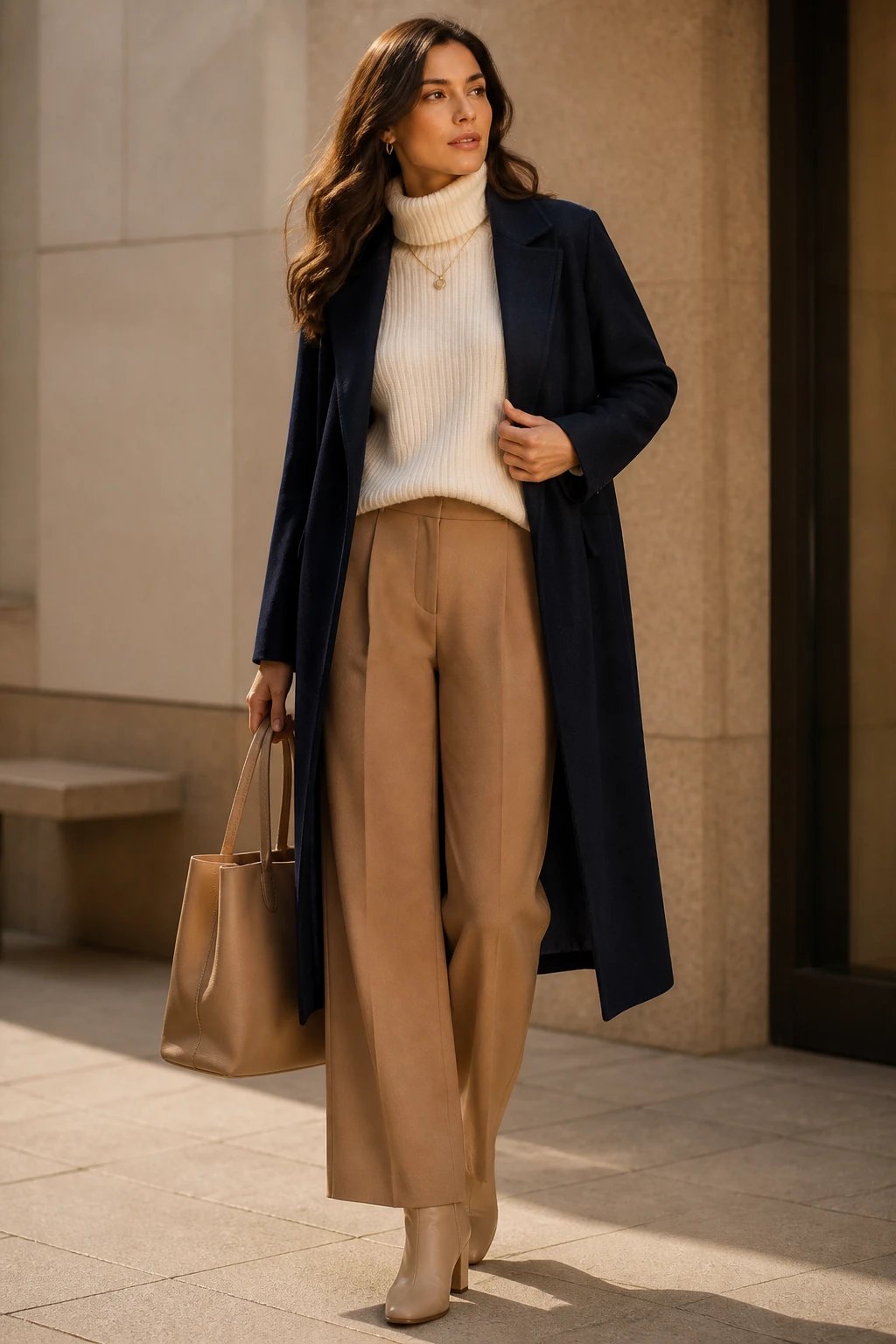 A high-resolution, editorial fashion photograph of a stylish woman modeling the navy and neutrals layered look. The scene features a navy wool-blend coat worn open over a cream turtleneck knit, paired with camel wide-leg trousers and beige ankle boots with a soft heel. The outfit is accessorized with a sand camel tote and minimal jewelry. Textured layering emphasizes contrast between navy, cream, camel, and tan, with visible knit textures, wooly outerwear, and smooth leather accents. The setting is softly lit with warm, natural tones, a modern urban backdrop or chic studio wall in neutral beige, ensuring the subject remains the focal point. The pose conveys effortless elegance and movement, one hand resting at the coat, the other holding the tote, capturing a luxe, seasonal vibe from multiple angles. No text overlays.