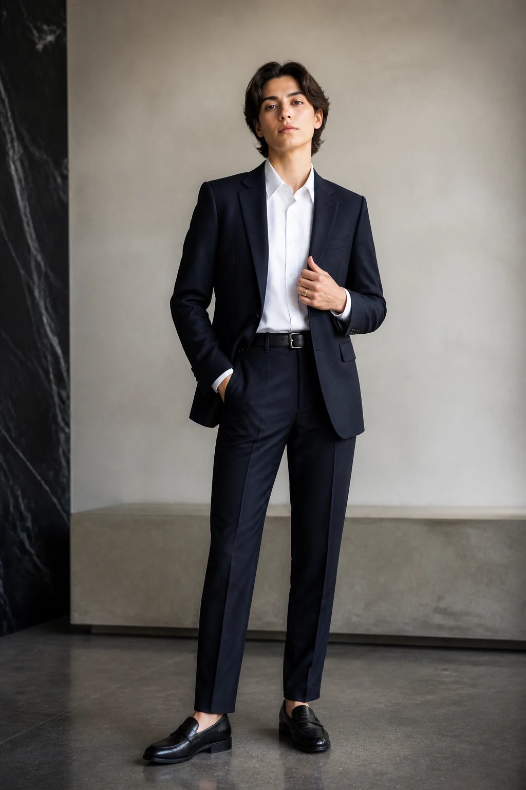 Create a hyper-realistic editorial portrait of a sophisticated, youthful adult model (gender-neutral presentation) in a polished navy-tailored ensemble. The scene is a quiet, gallery-like setting with soft, natural lighting and a neutral, softly textured backdrop. The subject wears a structured navy blazer with clean lines, matching navy tailored trousers, a crisp white button-down shirt neatly tucked in, and a slim black leather belt. The shirt collar is impeccably crisp, and the blazer is pressed to perfection. The model&rsquo;s feet feature polished black leather loafers with a subtle, formal silhouette. Accessories include a single gold signet ring on one hand, kept minimal. The pose is composed and confident, one hand resting at the hip and the other lightly adjusting the blazer, exuding understated elegance. The overall mood is quiet sophistication&mdash;luxurious, expensive-looking without being showy. Capture is high-resolution with shallow depth of field to keep the subject in sharp focus while gently blurring the background, emphasizing texture and the sheen of the fabrics. Ensure there is no text in the image.