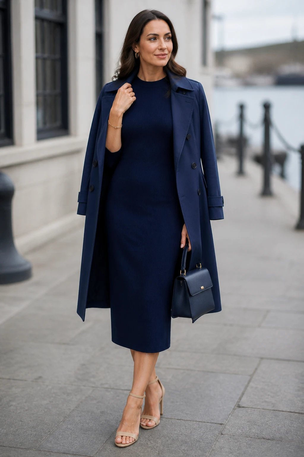 Create a high-resolution, realistic photo of a poised, fashion-forward woman in a head-to-toe navy monochrome ensemble, standing in a softly lit, minimalist urban setting with a hint of maritime influence. She wears a navy midi knit dress with clean, streamlined lines and a tailored navy A-line trench draped loosely over her shoulders. The look is elevated by beige camel ankle-strap heels and a structured navy handbag, accented with small gold hoop earrings and a sleek bracelet for subtle shine. Pose her with one hand lightly resting on the trench lapel and the other holding the structured bag, conveying confidence and elegance. Lighting is natural with a gentle, cool contrast to emphasize the deep navy tones; the background is softly blurred to keep the focus on the outfit. No text or branding visible in the scene.