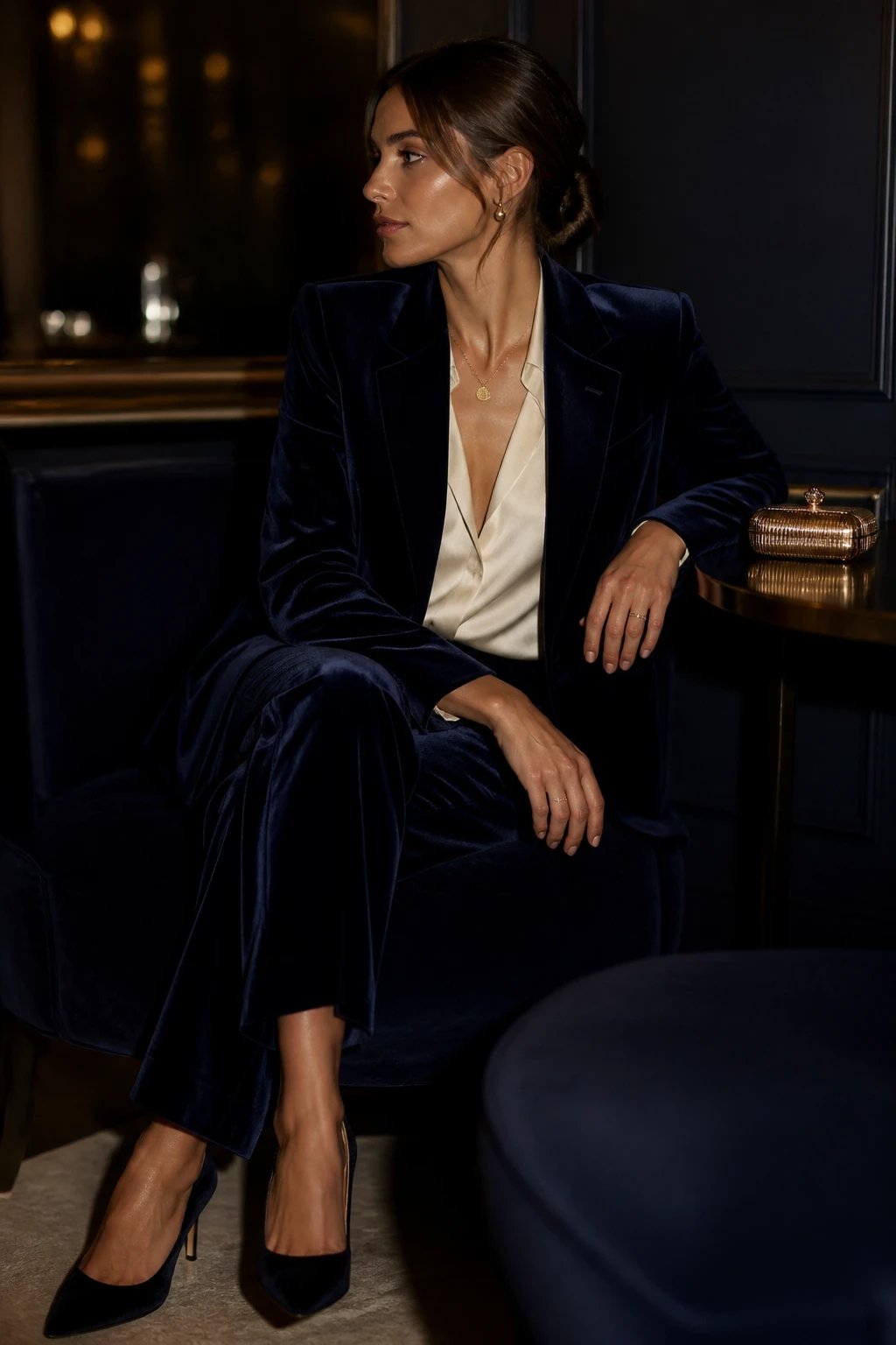 A high-fashion editorial portrait of a poised woman in a dimly lit, intimate evening setting. She wears a navy velvet blazer paired with tailored navy trousers or a velvet midi dress, radiating quiet luxury. The scene features soft ambient lighting that creates subtle reflections on the velvet, highlighting its depth and richness. Accessories are minimal: a delicate gold pendant necklace, a small metallic mini structured clutch resting on a nearby surface, and black velvet or satin heels. A cream or ivory satin blouse peeks subtly if wearing a blazer, with clean, natural makeup and a sleek low bun or soft waves. The background is muted and elegant&mdash;deep navy or charcoal tones with gentle bokeh from distant lights&mdash;emphasizing the velvet as the star. The overall mood is sophisticated, restrained, and effortlessly timeless, suitable for a velvet-first ensemble that speaks of old-money elegance without logos. No text in the image.
