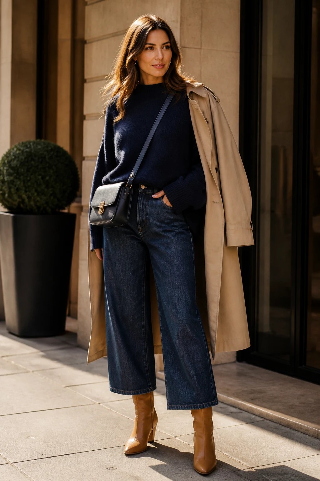 A single, high-resolution editorial-style photograph of a stylish woman posed in a sunlit, upscale urban setting. She wears a slightly oversized navy cashmere sweater tucked at the front hem into mid-to-dark wash wide-leg jeans, creating a relaxed yet elegant silhouette. Pair with tan camel knee-high boots and a beige trench coat draped over one shoulder, or worn open to showcase the sweater. Carry a sleek leather crossbody bag in navy or black to complement the outfit. The scene should evoke soft luxury and effortless polish: natural makeup, loose waves, and a calm, confident expression. The background features muted tones of a chic city street or a refined interior with warm lighting, subtle textures, and minimal distractions, ensuring the navy ensemble remains the focal point. No text on the image.