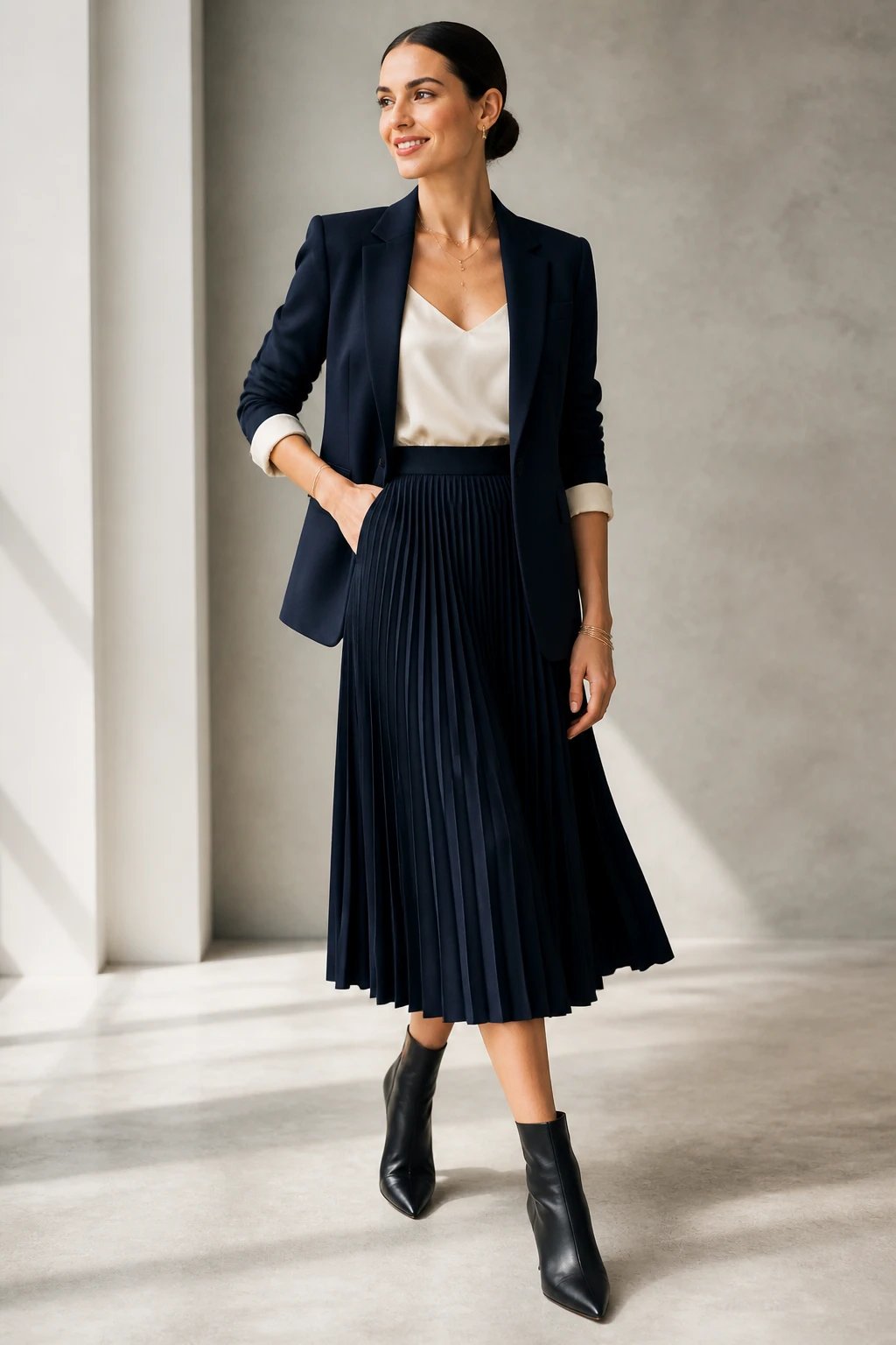 A high-resolution editorial portrait of a poised, polished woman in a navy blazer with clean lines and a tailored silhouette, paired with a navy or black pleated midi skirt and a cream silk camisole tucked neatly at the waist. She stands in a softly lit, minimalist chic setting (light gray backdrop with subtle texture or a modern, sunlit interior) to convey timeless elegance with a modern twist. The blazer sleeves are gently rolled to reveal a hint of the blouse beneath, exuding effortless sophistication. She wears black pointed-toe ankle boots and delicate layered bracelets, minimal makeup with a natural glow, and hair slicked back or in a sleek low bun for a refined look. The pose is confident yet relaxed&mdash;one hand tucked into the skirt waistband or resting lightly at the side, shoulders at ease, capturing a playful but restrained stride. No visible text or branding in the scene.