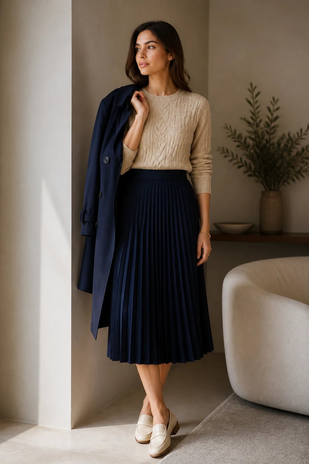 A high-resolution editorial-style photograph of a poised, stylish young woman standing in a softly lit, modern interior with neutral tones. She wears a beige cable-knit sweater tucked into a navy pleated midi skirt, creating a defined waist. On her feet are cream loafers, and she accessorizes with a delicate gold chain bracelet. A structured navy trench coat rests draped over one shoulder or held casually in one hand for a polished touch. The look exudes texture and structure, with the knit pattern clearly visible and the pleated skirt catching gentle movement. The lighting is warm and flattering, highlighting the rich fabrics and the effortless &ldquo;I planned this&rdquo; vibe. The background is clean and sophisticated, with minimal clutter to keep the focus on the outfit and the main subject. No text or logos present in the image. The subject gazes slightly off-camera, conveying confidence and timeless elegance.