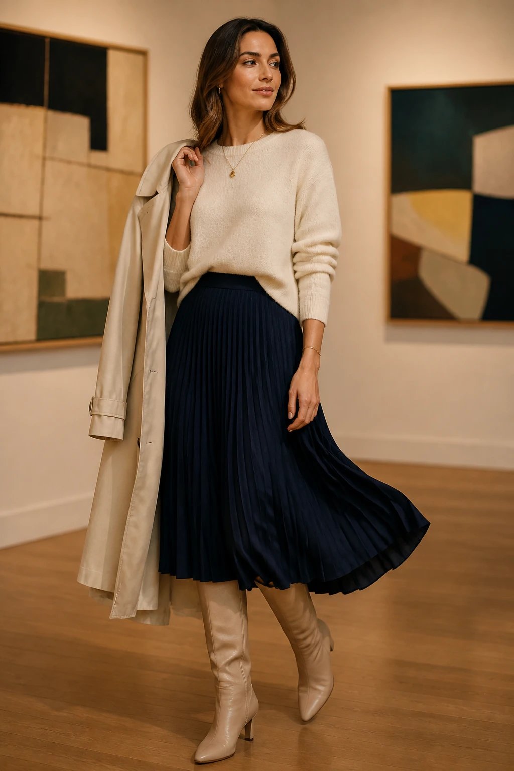 A high-resolution, editorial fashion photograph of a poised woman standing in a softly lit gallery space with white walls and modern art in the background. She wears a cream cashmere sweater tucked at the front to define the waist, paired with a navy pleated midi skirt that sways with movement. Beige knee-high boots add a polished touch, and a delicate gold pendant necklace rests above the neckline. A light trench coat in a pale beige color hangs casually over one shoulder or is draped over an arm for a chic, effortless vibe. The model's pose is graceful with a slight hip tilt and a gentle step to create natural motion in the skirt, suggesting transition from desk to dinner. The lighting is warm and flattering, highlighting the texture of the cashmere and the sheen of the pleats, with soft shadows for depth. The overall mood is feminine, refined, and prep-inspired, with no visible text on the image.
